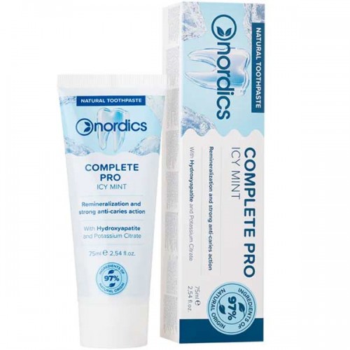 Паста за зъби COMPLETE PRO - ICY MINT с хидроксиапатит, алое и салвия 'Nordics Oral Care', 75 мл Паста за зъби COMPLETE PRO - ICY MINT с хидроксиапатит, алое и салвия 'Nordics Oral Care', 75 мл